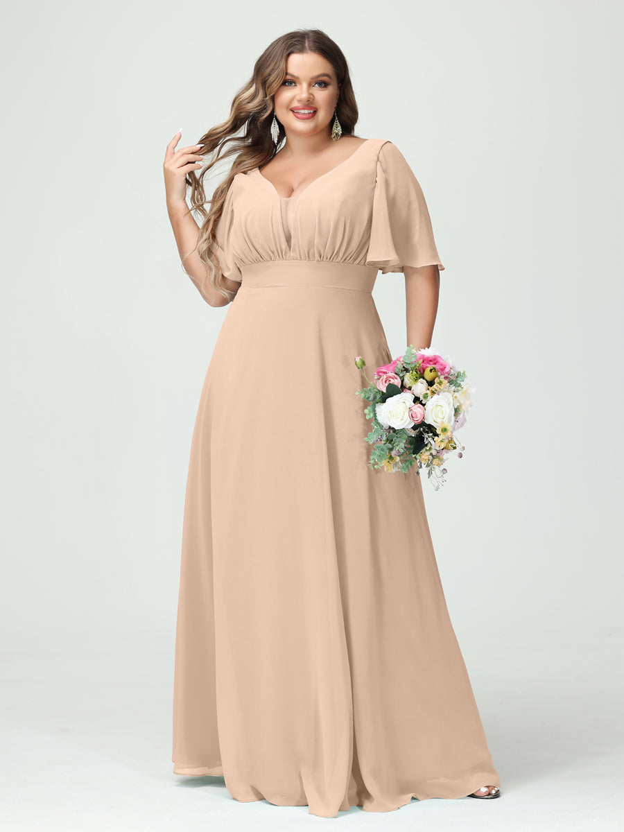 A-Line/Princess V-Neck Half Sleeves Chiffon Plus Size Bridesmaid Dresses with Pockets Peach Pink