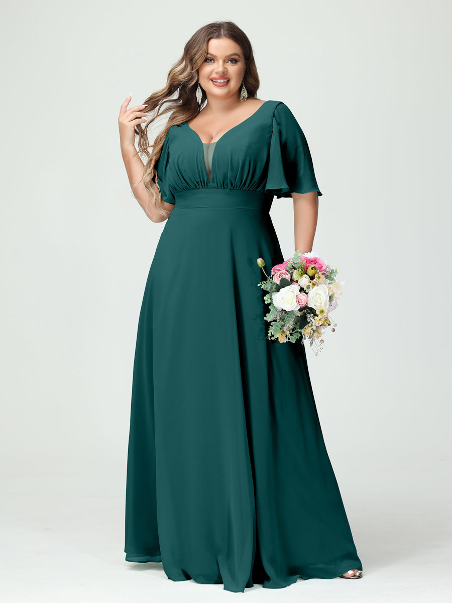 A-Line/Princess V-Neck Half Sleeves Chiffon Plus Size Bridesmaid Dresses with Pockets Peacock