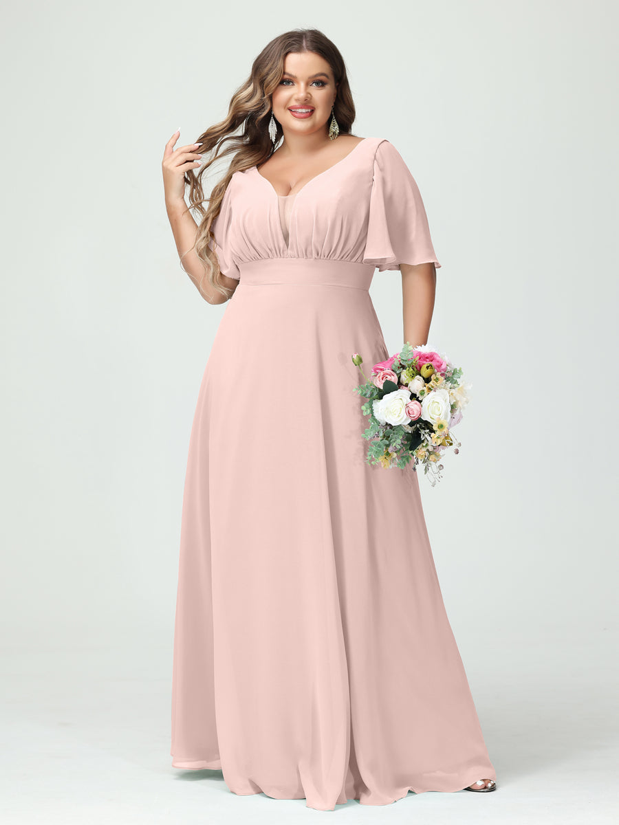 A-Line/Princess V-Neck Half Sleeves Chiffon Plus Size Bridesmaid Dresses with Pockets Pearl Pink