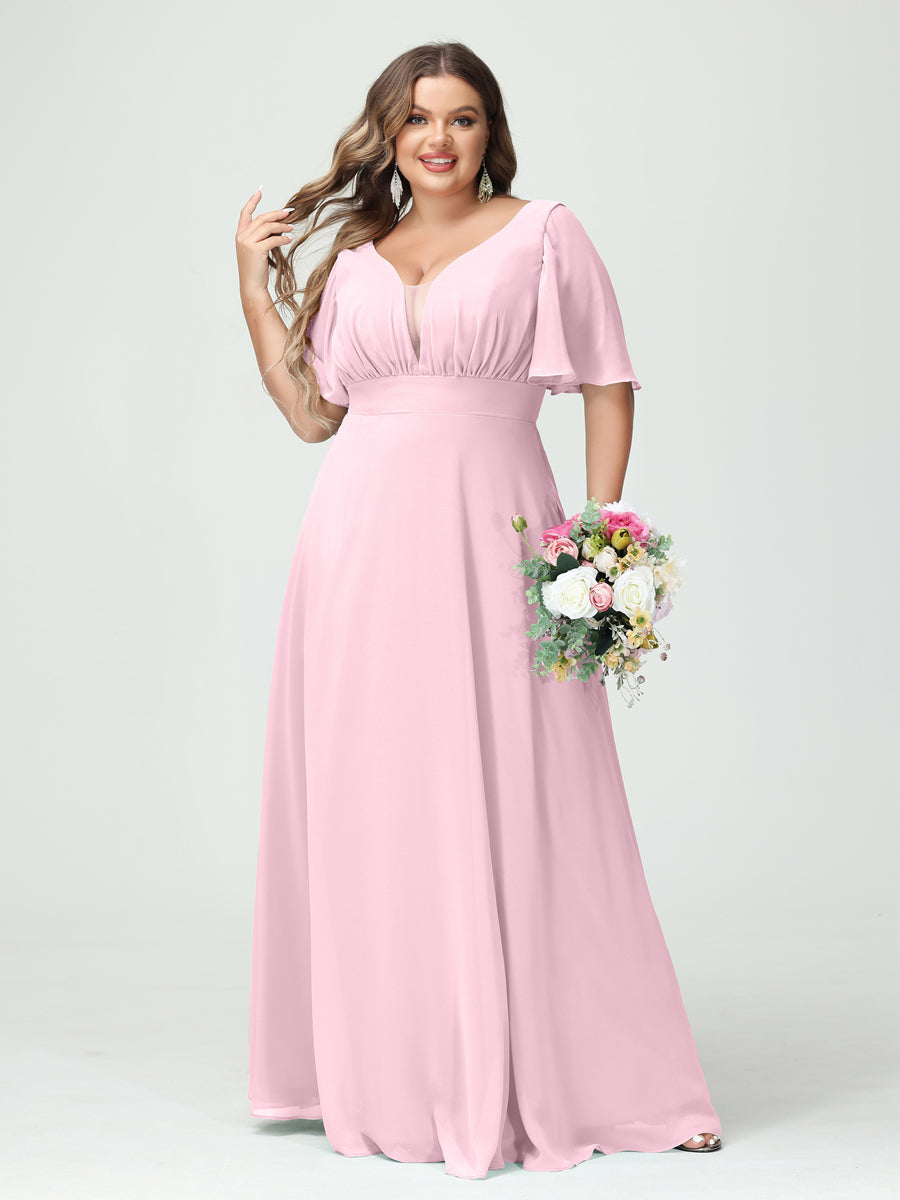 A-Line/Princess V-Neck Half Sleeves Chiffon Plus Size Bridesmaid Dresses with Pockets Pink