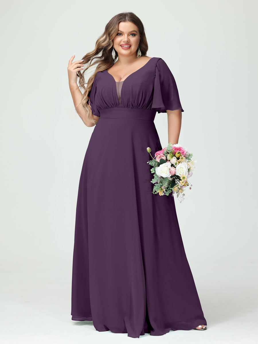 A-Line/Princess V-Neck Half Sleeves Chiffon Plus Size Bridesmaid Dresses with Pockets Plum