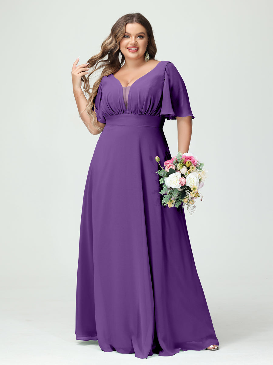A-Line/Princess V-Neck Half Sleeves Chiffon Plus Size Bridesmaid Dresses with Pockets Purple