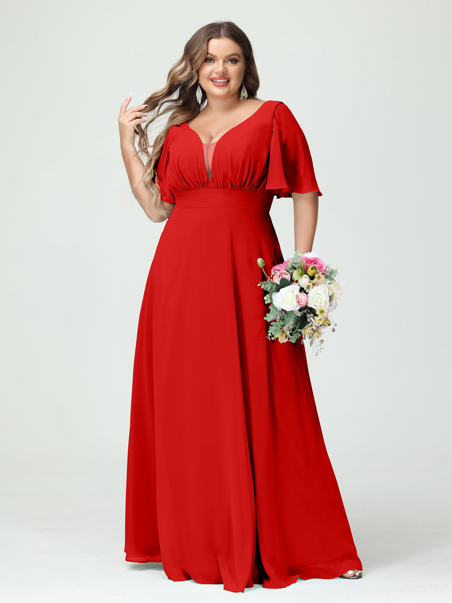 A-Line/Princess V-Neck Half Sleeves Chiffon Plus Size Bridesmaid Dresses with Pockets Red