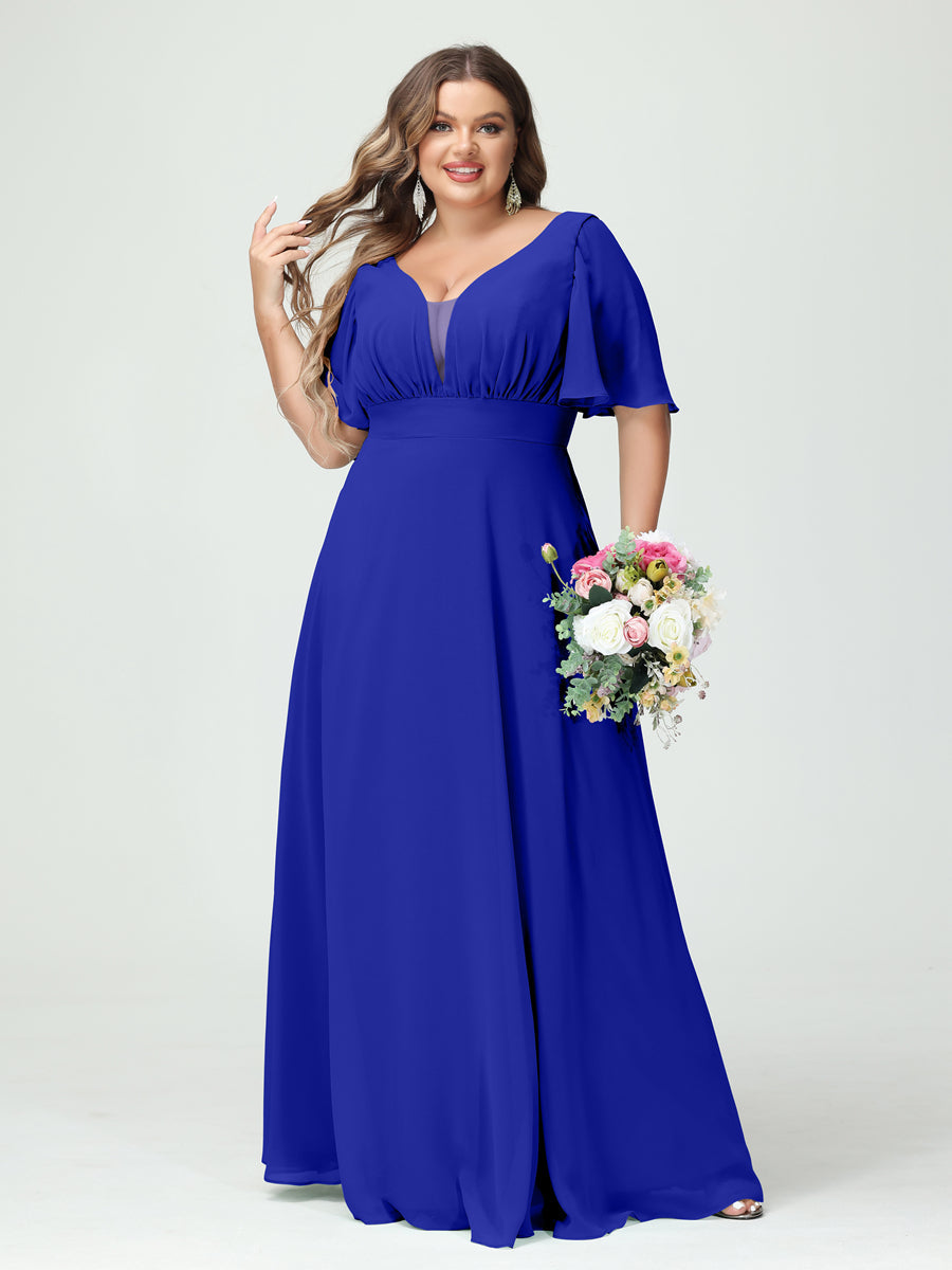 A-Line/Princess V-Neck Half Sleeves Chiffon Plus Size Bridesmaid Dresses with Pockets Royal Blue