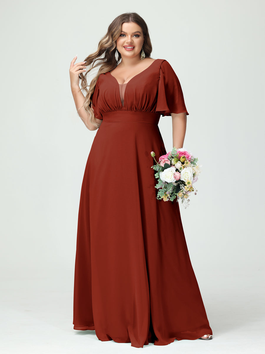 A-Line/Princess V-Neck Half Sleeves Chiffon Plus Size Bridesmaid Dresses with Pockets Rust