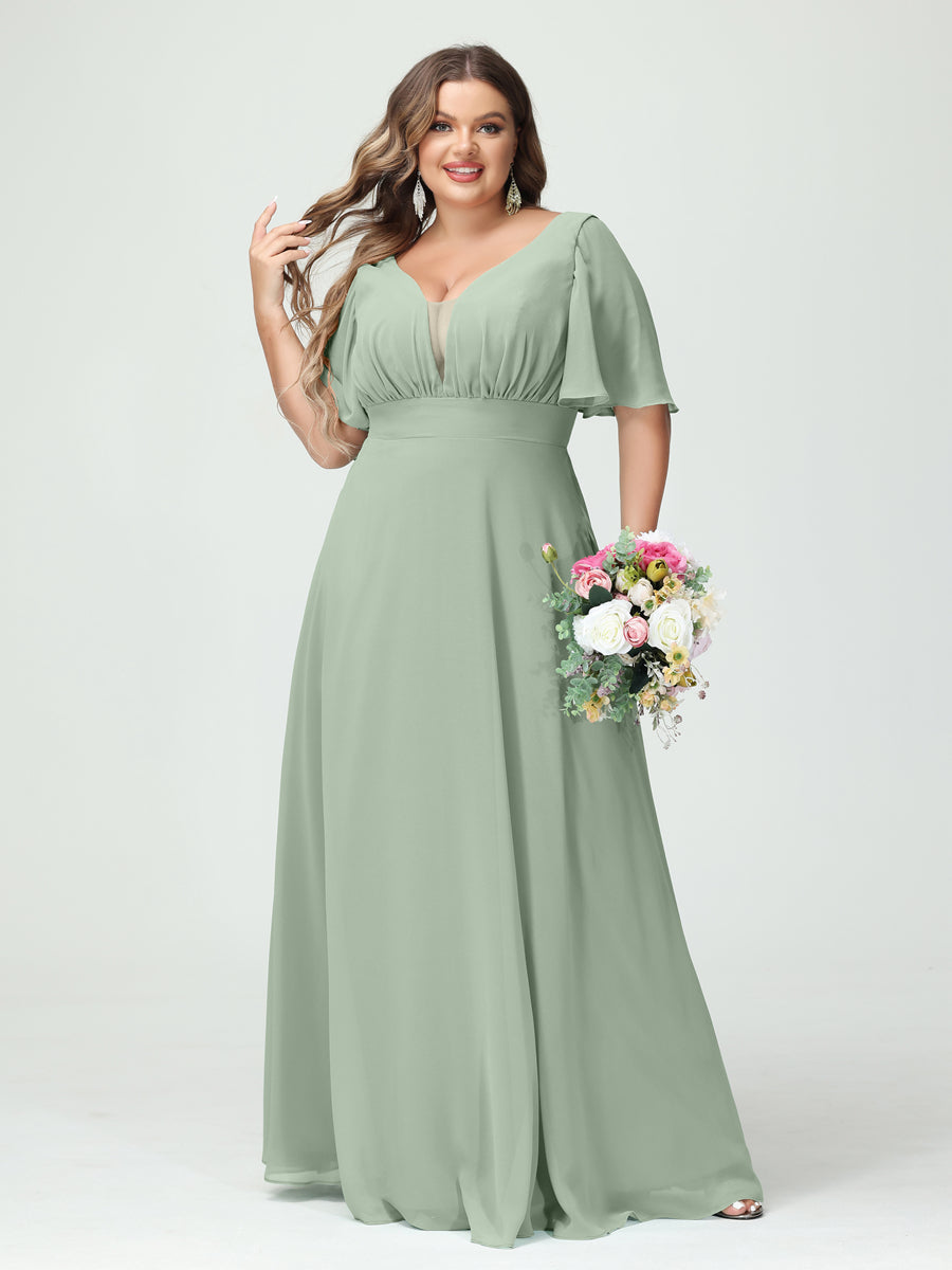 A-Line/Princess V-Neck Half Sleeves Chiffon Plus Size Bridesmaid Dresses with Pockets Sage