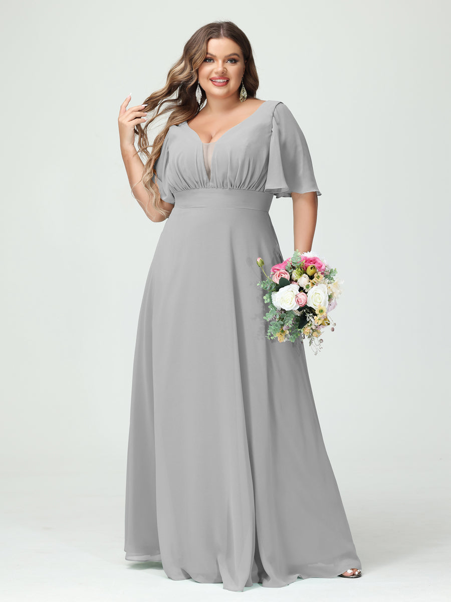 A-Line/Princess V-Neck Half Sleeves Chiffon Plus Size Bridesmaid Dresses with Pockets Silver