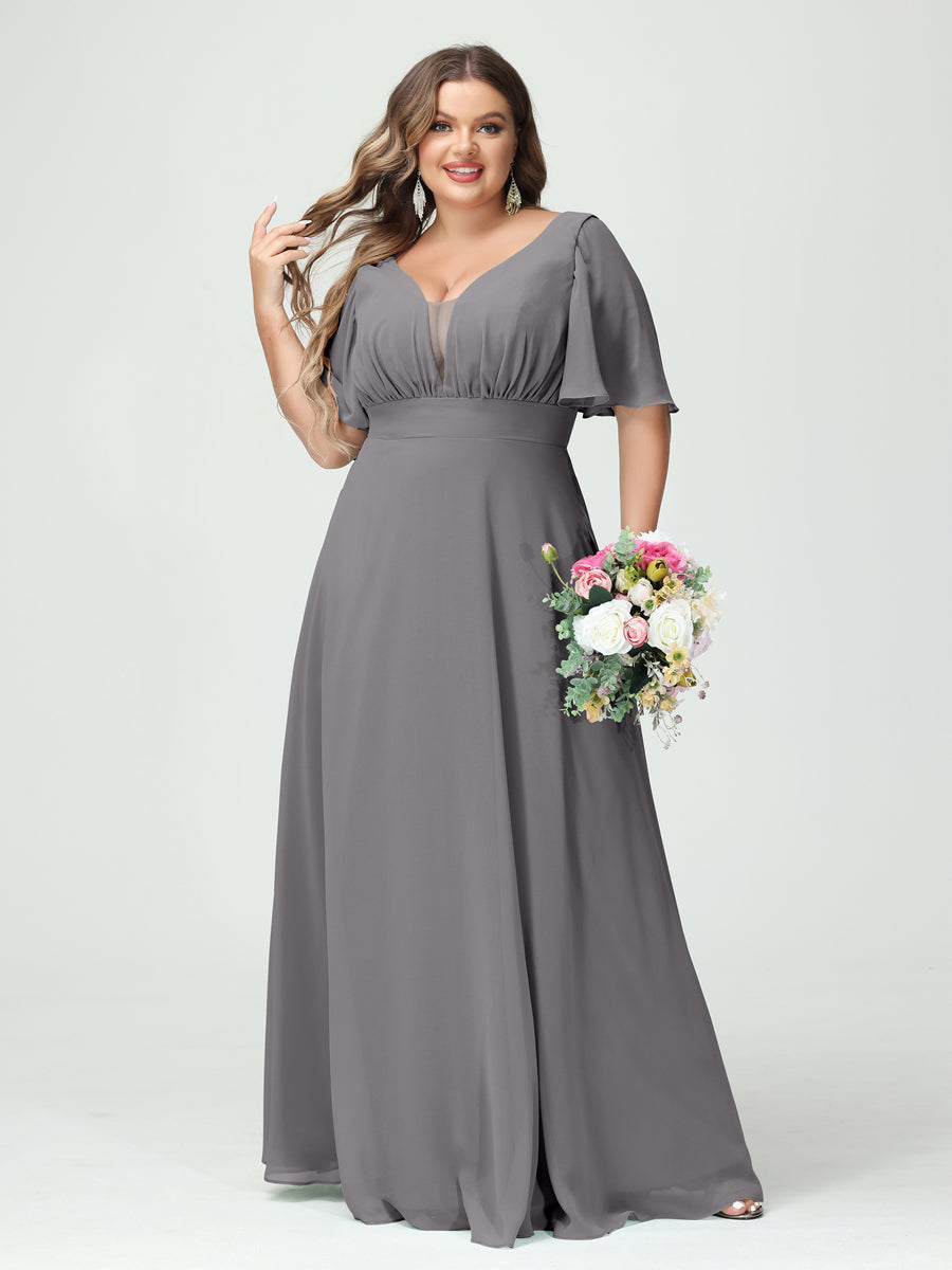 A-Line/Princess V-Neck Half Sleeves Chiffon Plus Size Bridesmaid Dresses with Pockets Silver Gray