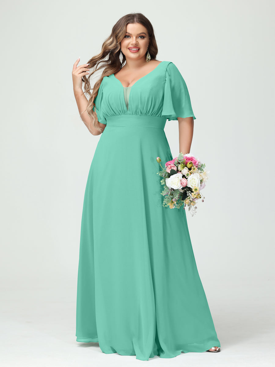 A-Line/Princess V-Neck Half Sleeves Chiffon Plus Size Bridesmaid Dresses with Pockets Spa