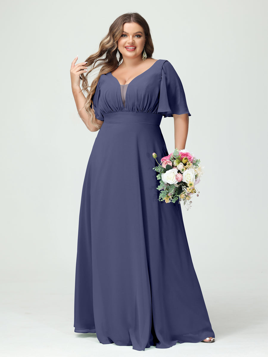 A-Line/Princess V-Neck Half Sleeves Chiffon Plus Size Bridesmaid Dresses with Pockets Stormy Blue