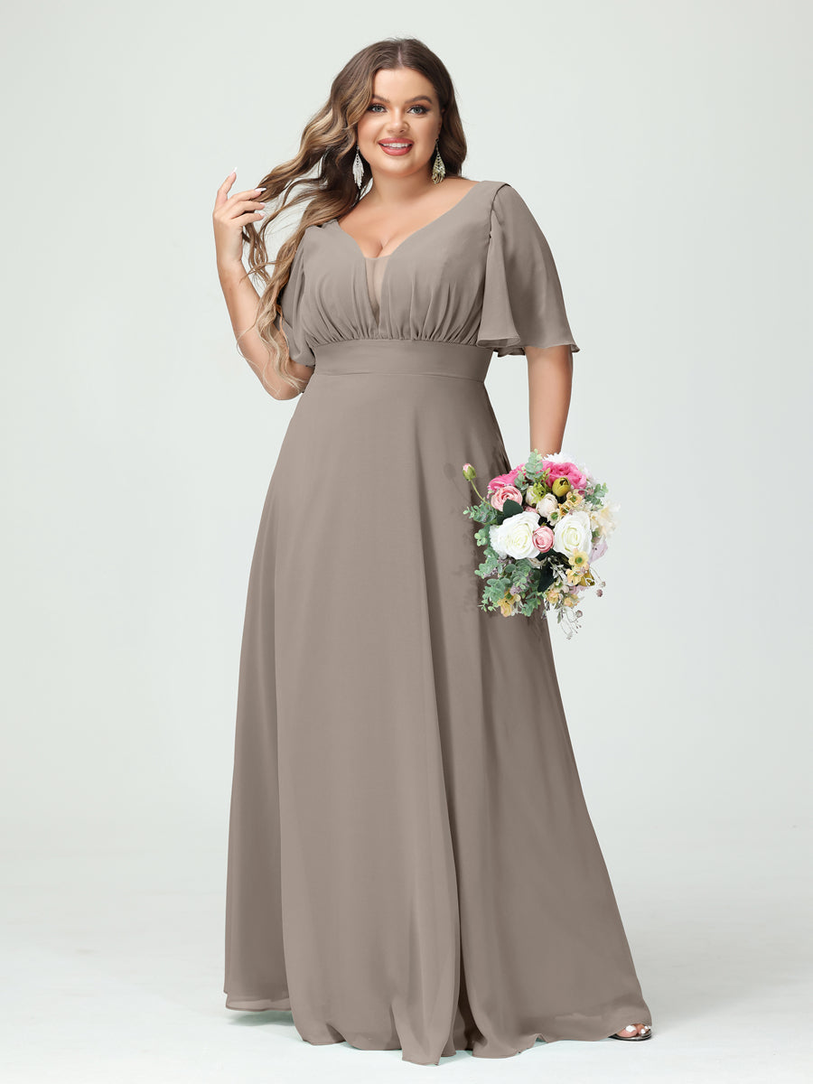 A-Line/Princess V-Neck Half Sleeves Chiffon Plus Size Bridesmaid Dresses with Pockets Taupe