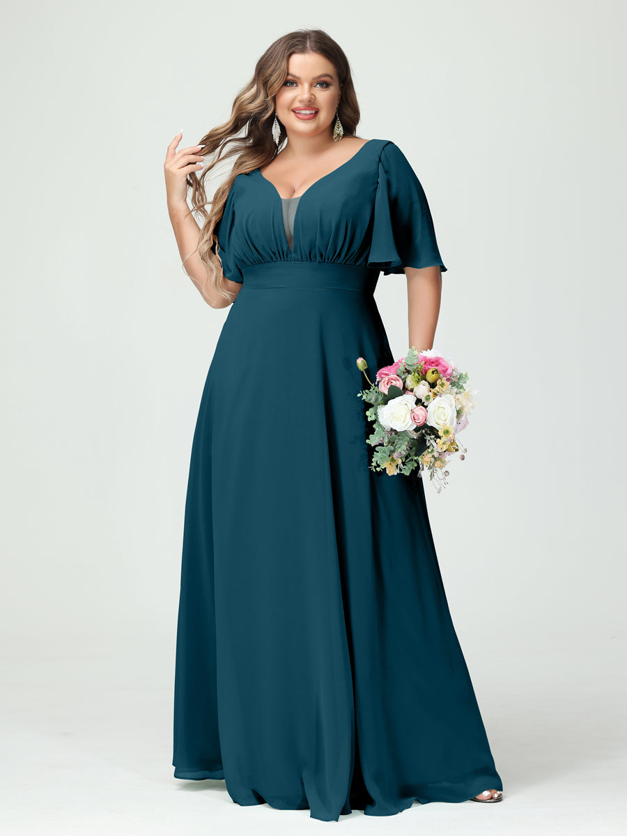 A-Line/Princess V-Neck Half Sleeves Chiffon Plus Size Bridesmaid Dresses with Pockets Teal