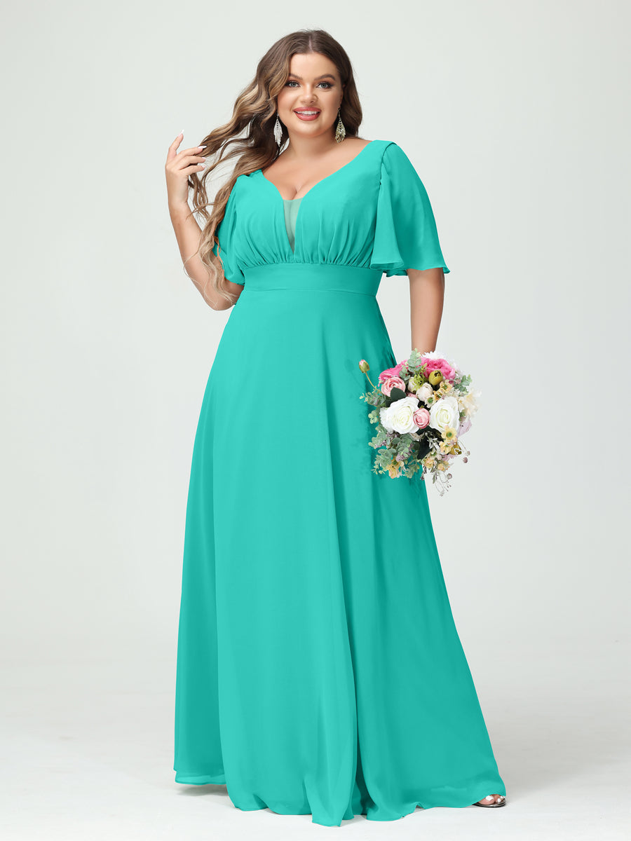A-Line/Princess V-Neck Half Sleeves Chiffon Plus Size Bridesmaid Dresses with Pockets Turquoise