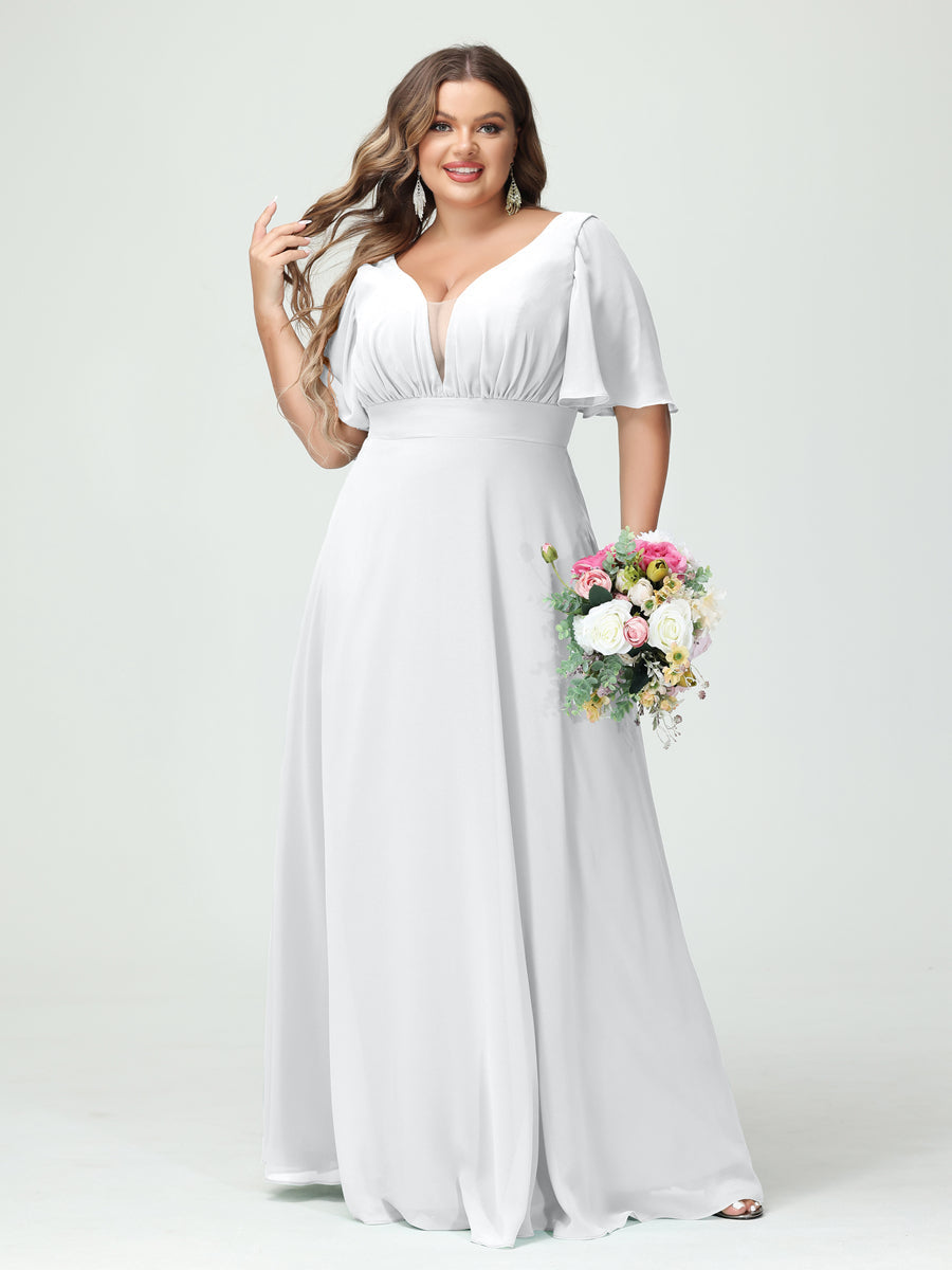 A-Line/Princess V-Neck Half Sleeves Chiffon Plus Size Bridesmaid Dresses with Pockets White