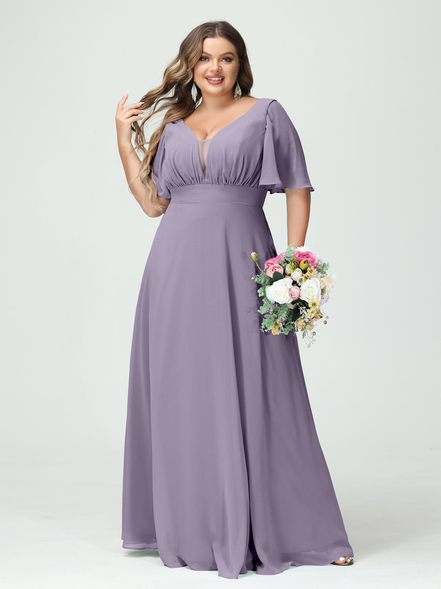 A-Line/Princess V-Neck Half Sleeves Chiffon Plus Size Bridesmaid Dresses with Pockets Wisteria