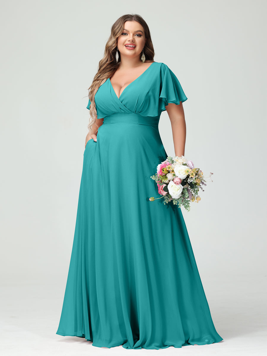 A-Line/Princess V-Neck Short Sleeves Chiffon Plus Size Bridesmaid Dresses with Pockets Aqua Blue