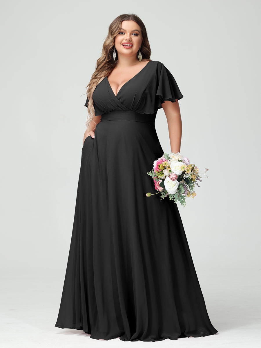 A-Line/Princess V-Neck Short Sleeves Chiffon Plus Size Bridesmaid Dresses with Pockets Black