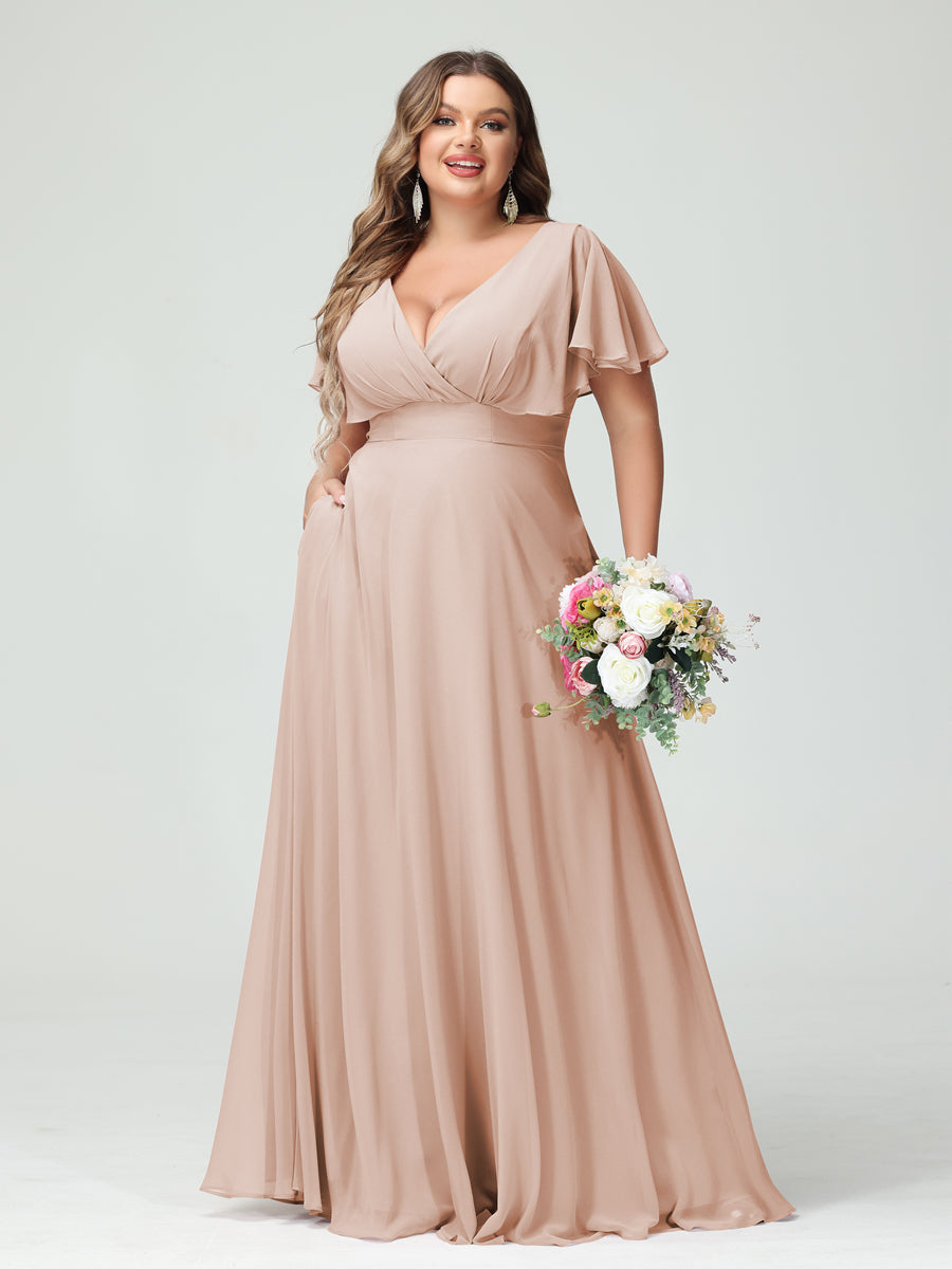 A-Line/Princess V-Neck Short Sleeves Chiffon Plus Size Bridesmaid Dresses with Pockets Blush Pink