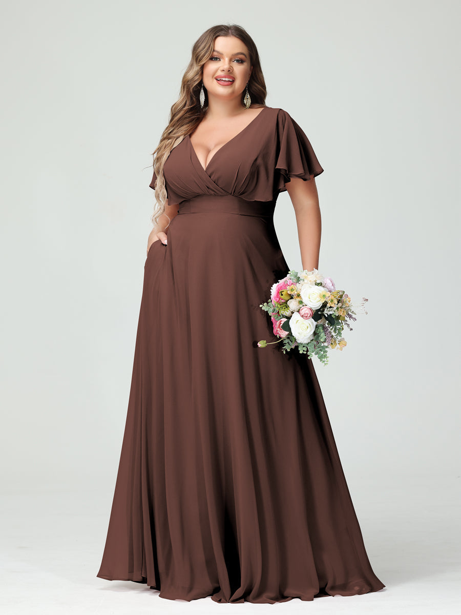A-Line/Princess V-Neck Short Sleeves Chiffon Plus Size Bridesmaid Dresses with Pockets Brown