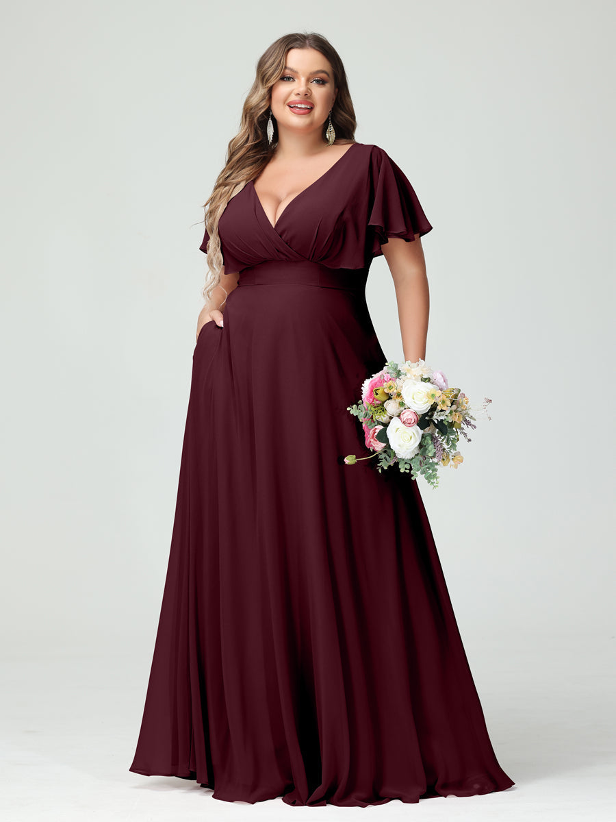 A-Line/Princess V-Neck Short Sleeves Chiffon Plus Size Bridesmaid Dresses with Pockets Burgundy