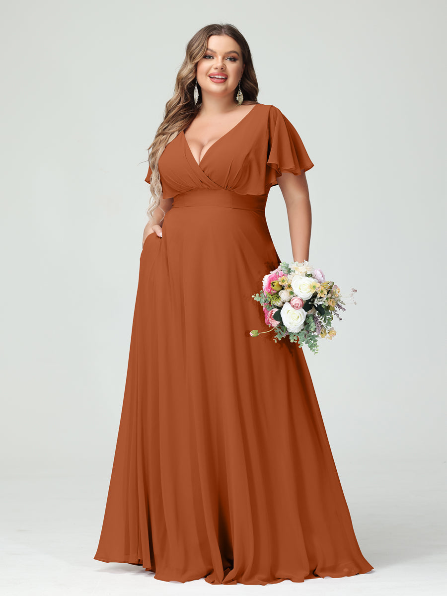A-Line/Princess V-Neck Short Sleeves Chiffon Plus Size Bridesmaid Dresses with Pockets Burnt Orange