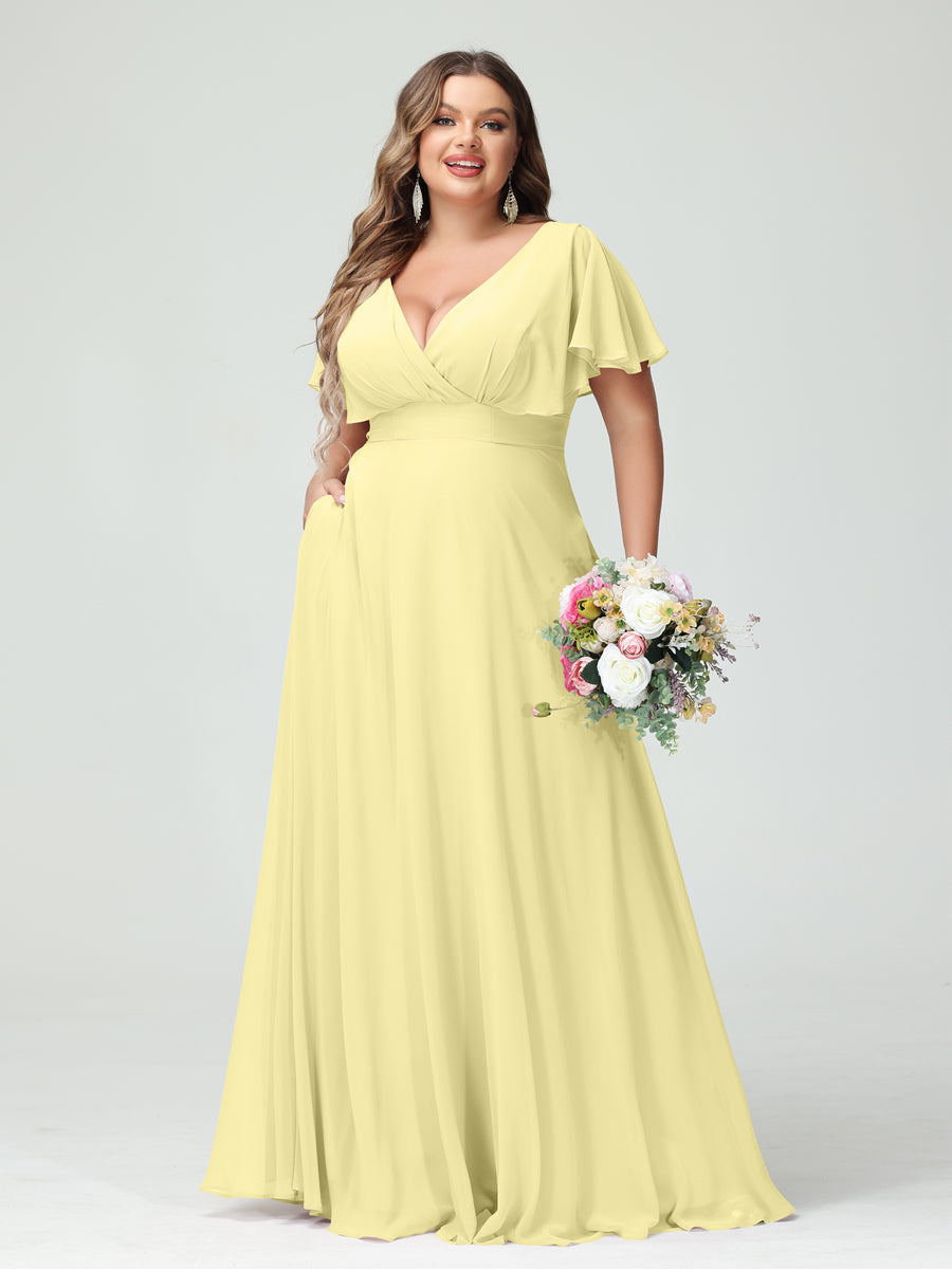 A-Line/Princess V-Neck Short Sleeves Chiffon Plus Size Bridesmaid Dresses with Pockets Canary