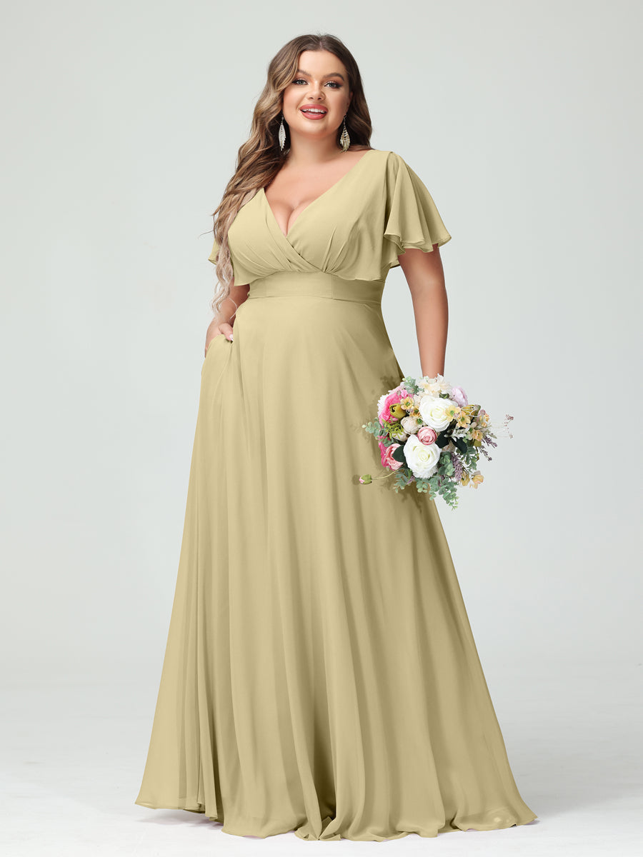 A-Line/Princess V-Neck Short Sleeves Chiffon Plus Size Bridesmaid Dresses with Pockets Champagne