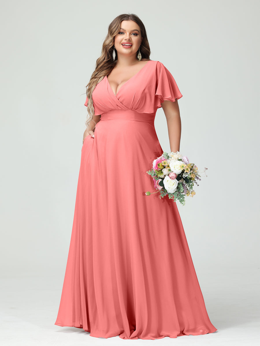 A-Line/Princess V-Neck Short Sleeves Chiffon Plus Size Bridesmaid Dresses with Pockets Coral