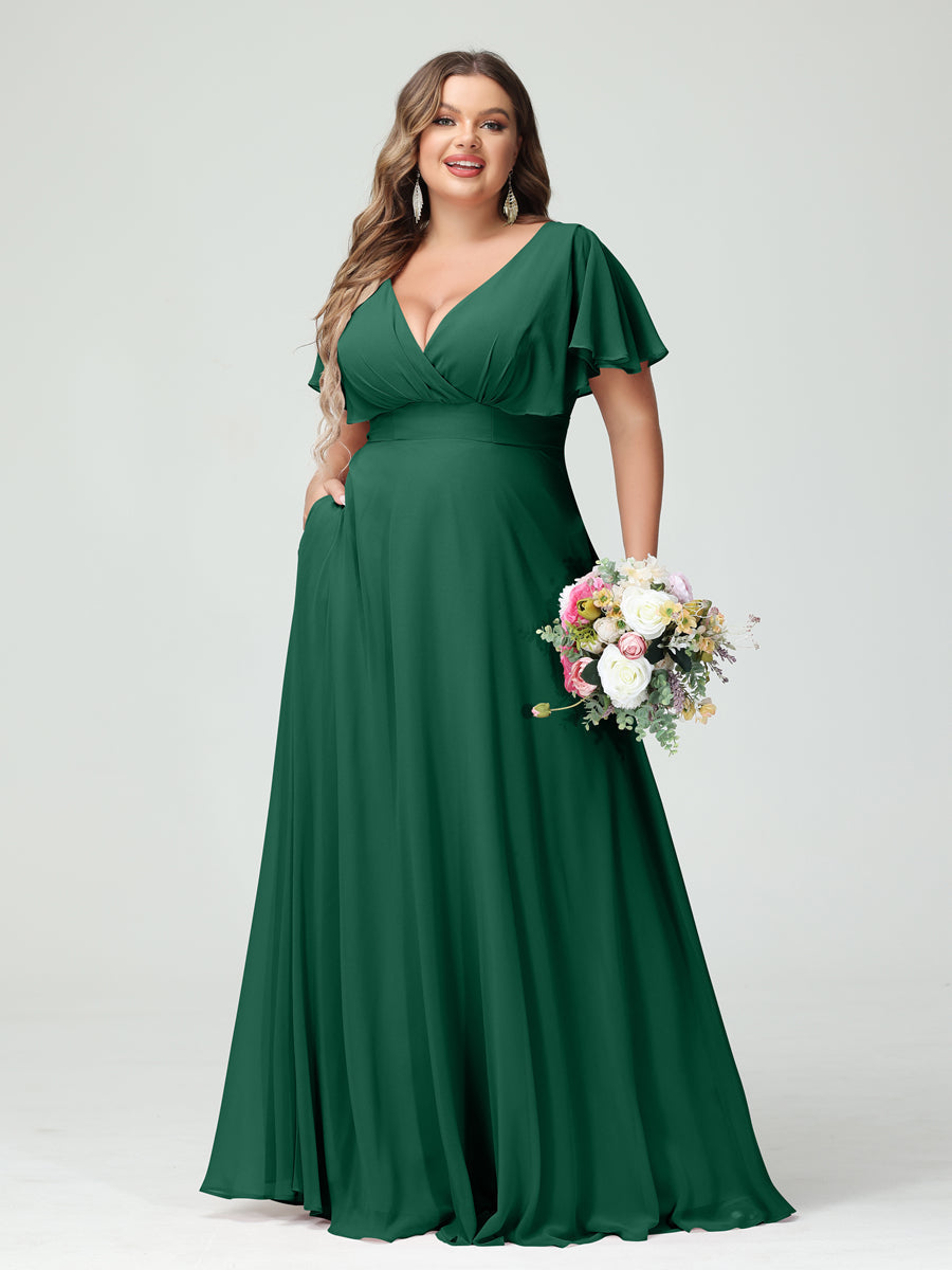 A-Line/Princess V-Neck Short Sleeves Chiffon Plus Size Bridesmaid Dresses with Pockets Dark Green