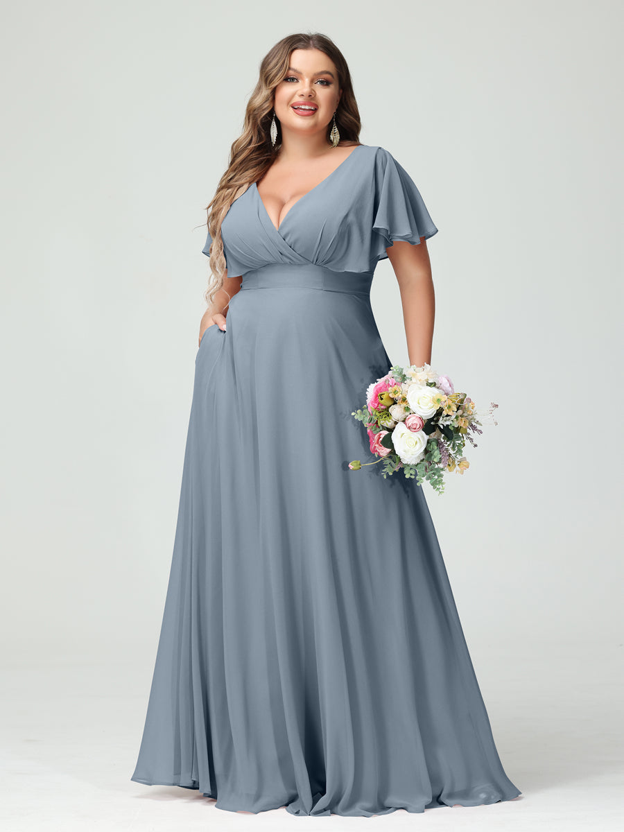 A-Line/Princess V-Neck Short Sleeves Chiffon Plus Size Bridesmaid Dresses with Pockets Dusty Blue