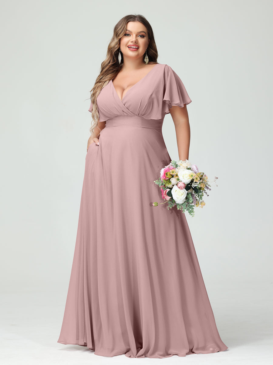 A-Line/Princess V-Neck Short Sleeves Chiffon Plus Size Bridesmaid Dresses with Pockets Dusty Pink
