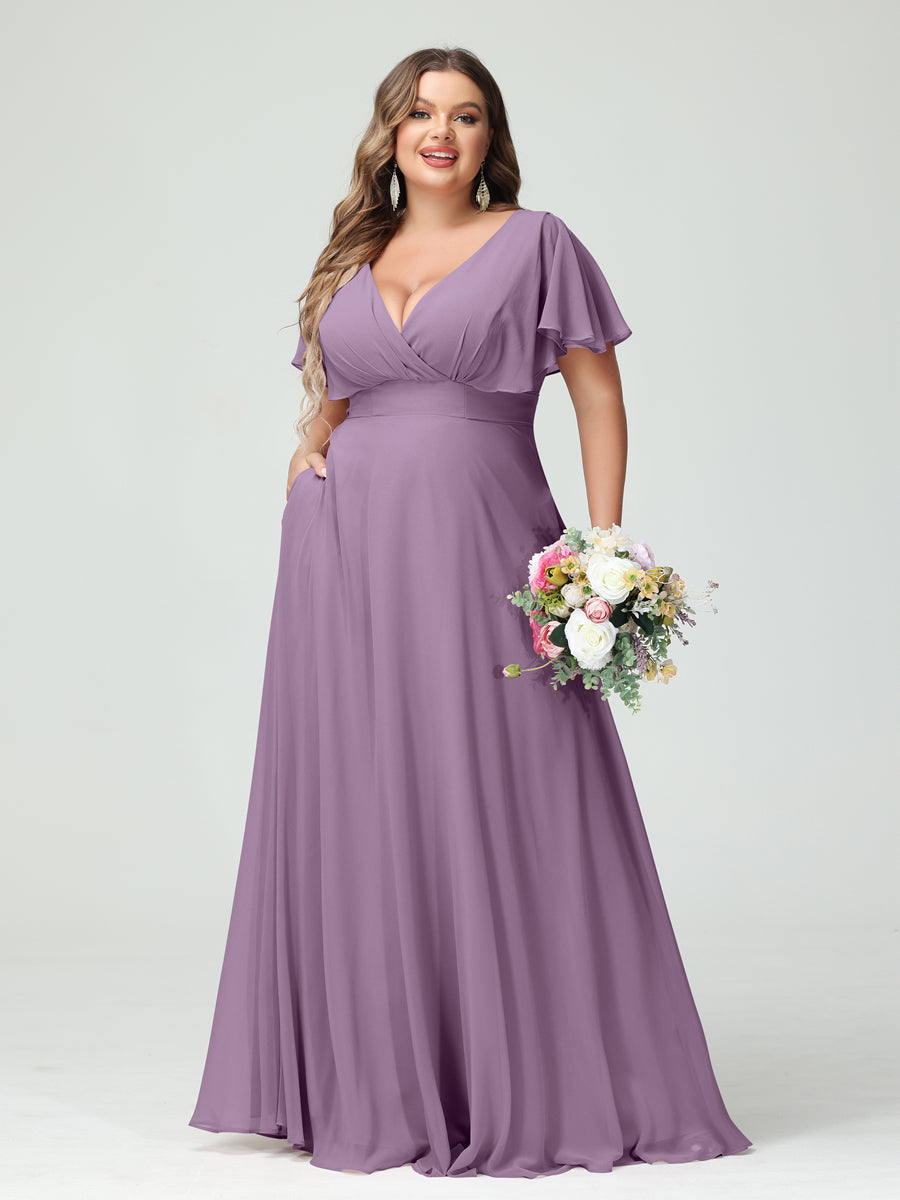 A-Line/Princess V-Neck Short Sleeves Chiffon Plus Size Bridesmaid Dresses with Pockets Dusty Purple