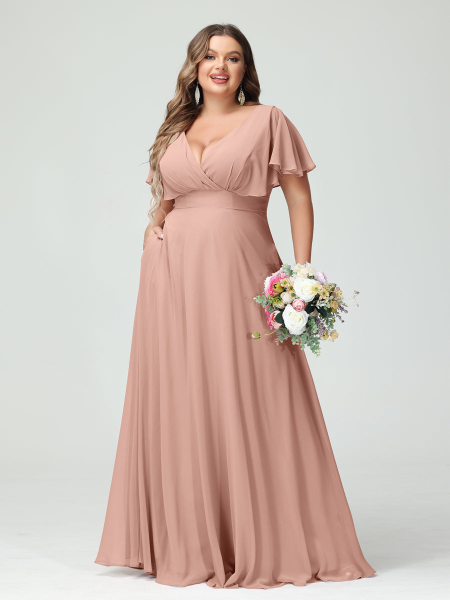 A-Line/Princess V-Neck Short Sleeves Chiffon Plus Size Bridesmaid Dresses with Pockets Dusty Rose