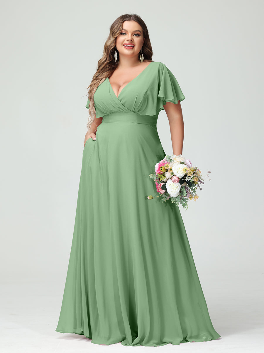 A-Line/Princess V-Neck Short Sleeves Chiffon Plus Size Bridesmaid Dresses with Pockets Dusty Sage