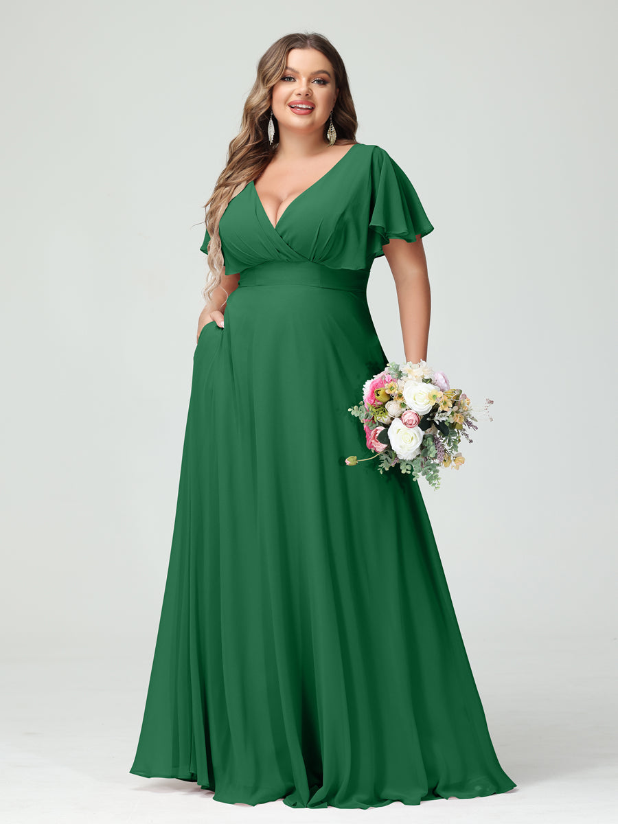 A-Line/Princess V-Neck Short Sleeves Chiffon Plus Size Bridesmaid Dresses with Pockets Emerald