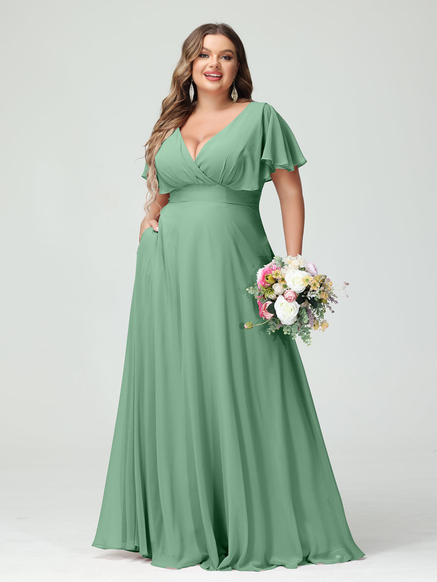 A-Line/Princess V-Neck Short Sleeves Chiffon Plus Size Bridesmaid Dresses with Pockets Eucalyptus