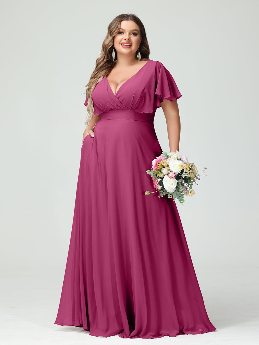 A-Line/Princess V-Neck Short Sleeves Chiffon Plus Size Bridesmaid Dresses with Pockets Fuchsia