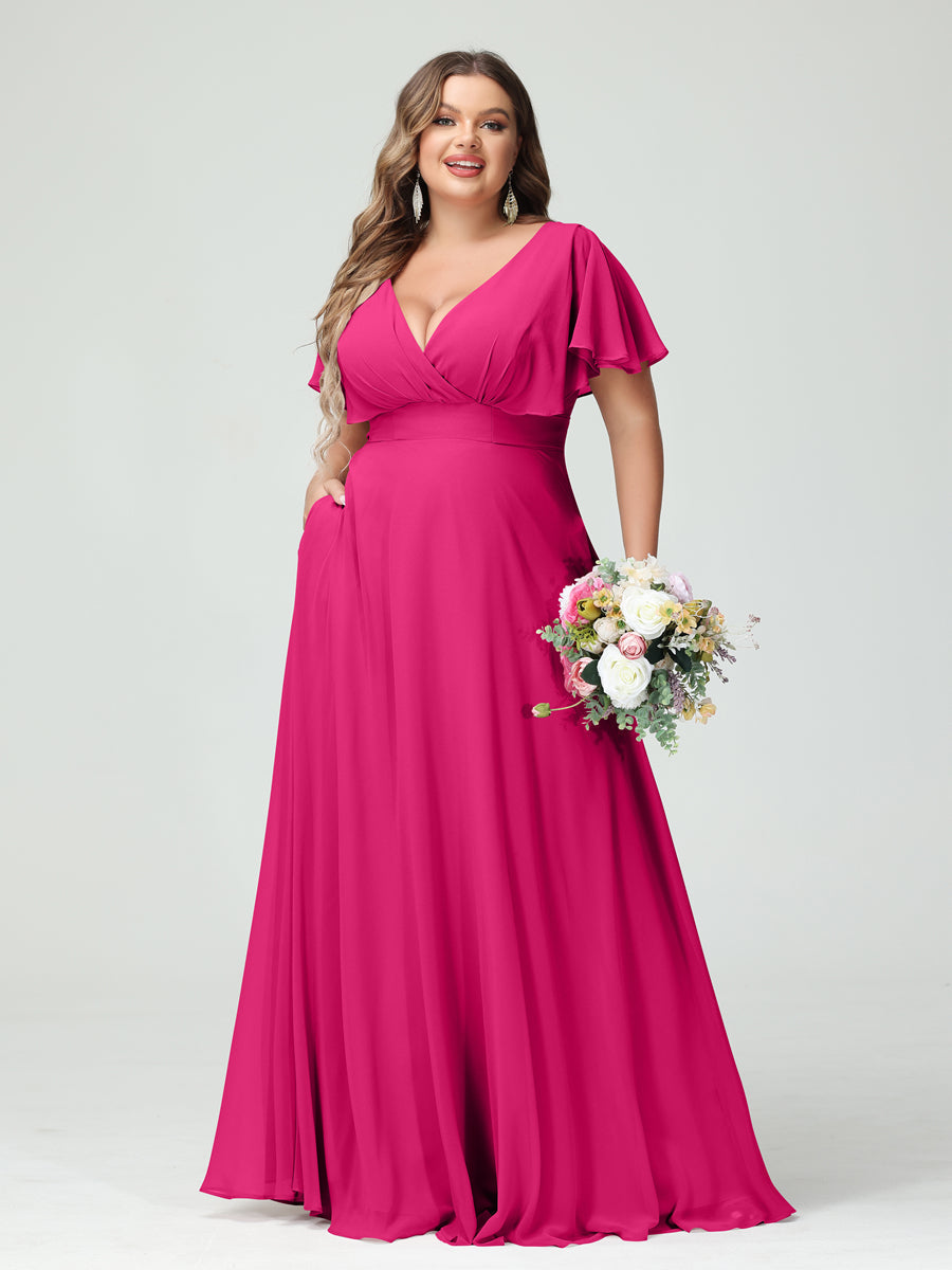 A-Line/Princess V-Neck Short Sleeves Chiffon Plus Size Bridesmaid Dresses with Pockets Fuchsia Pink