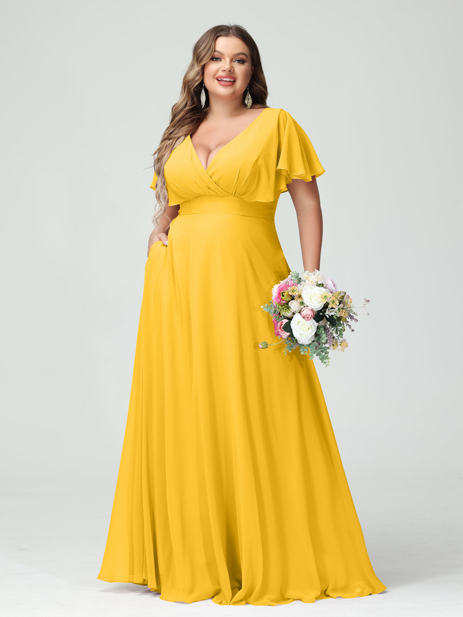 A-Line/Princess V-Neck Short Sleeves Chiffon Plus Size Bridesmaid Dresses with Pockets Gold