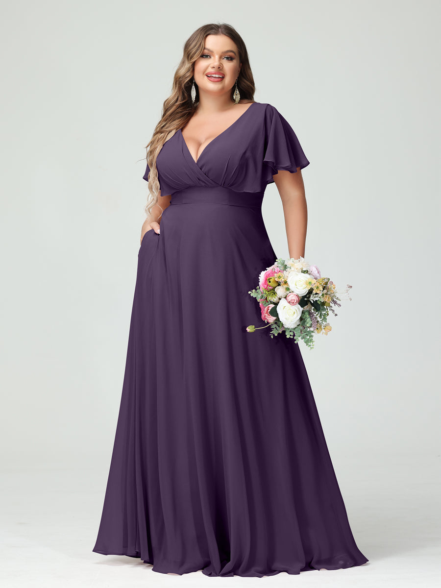 A-Line/Princess V-Neck Short Sleeves Chiffon Plus Size Bridesmaid Dresses with Pockets Grape