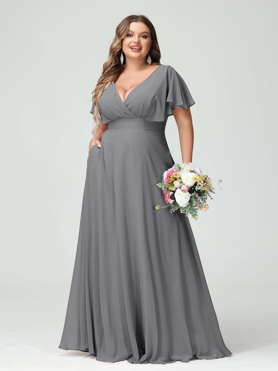 A-Line/Princess V-Neck Short Sleeves Chiffon Plus Size Bridesmaid Dresses with Pockets Gray