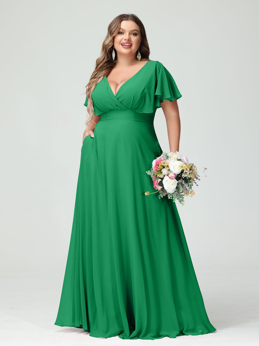 A-Line/Princess V-Neck Short Sleeves Chiffon Plus Size Bridesmaid Dresses with Pockets Green