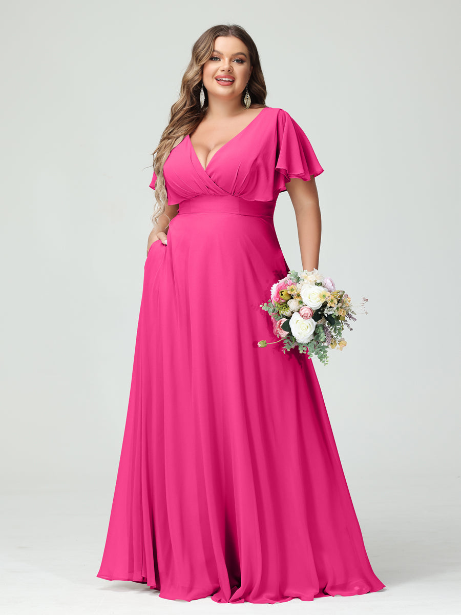 A-Line/Princess V-Neck Short Sleeves Chiffon Plus Size Bridesmaid Dresses with Pockets Hot Pink