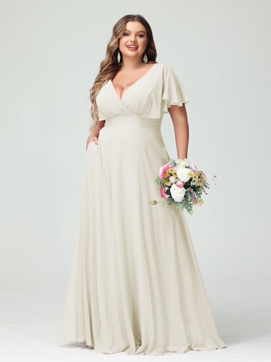 A-Line/Princess V-Neck Short Sleeves Chiffon Plus Size Bridesmaid Dresses with Pockets Ivory