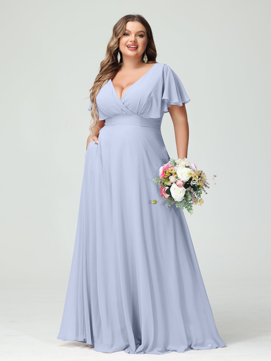 A-Line/Princess V-Neck Short Sleeves Chiffon Plus Size Bridesmaid Dresses with Pockets Lavender