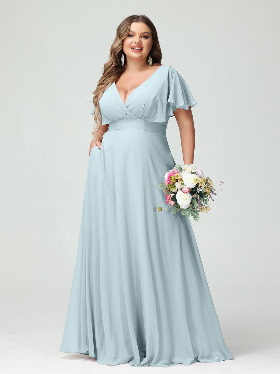 A-Line/Princess V-Neck Short Sleeves Chiffon Plus Size Bridesmaid Dresses with Pockets Light Blue