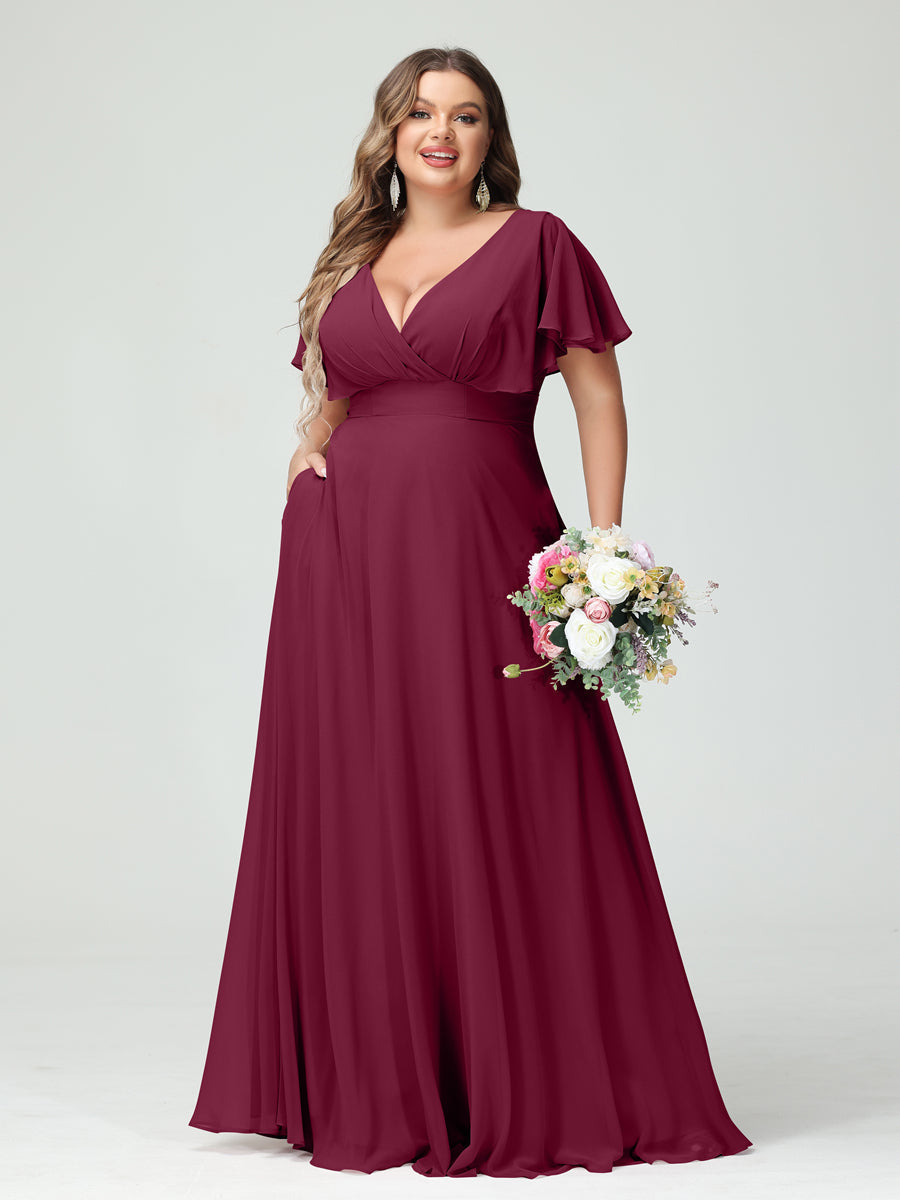 A-Line/Princess V-Neck Short Sleeves Chiffon Plus Size Bridesmaid Dresses with Pockets Light Burgundy