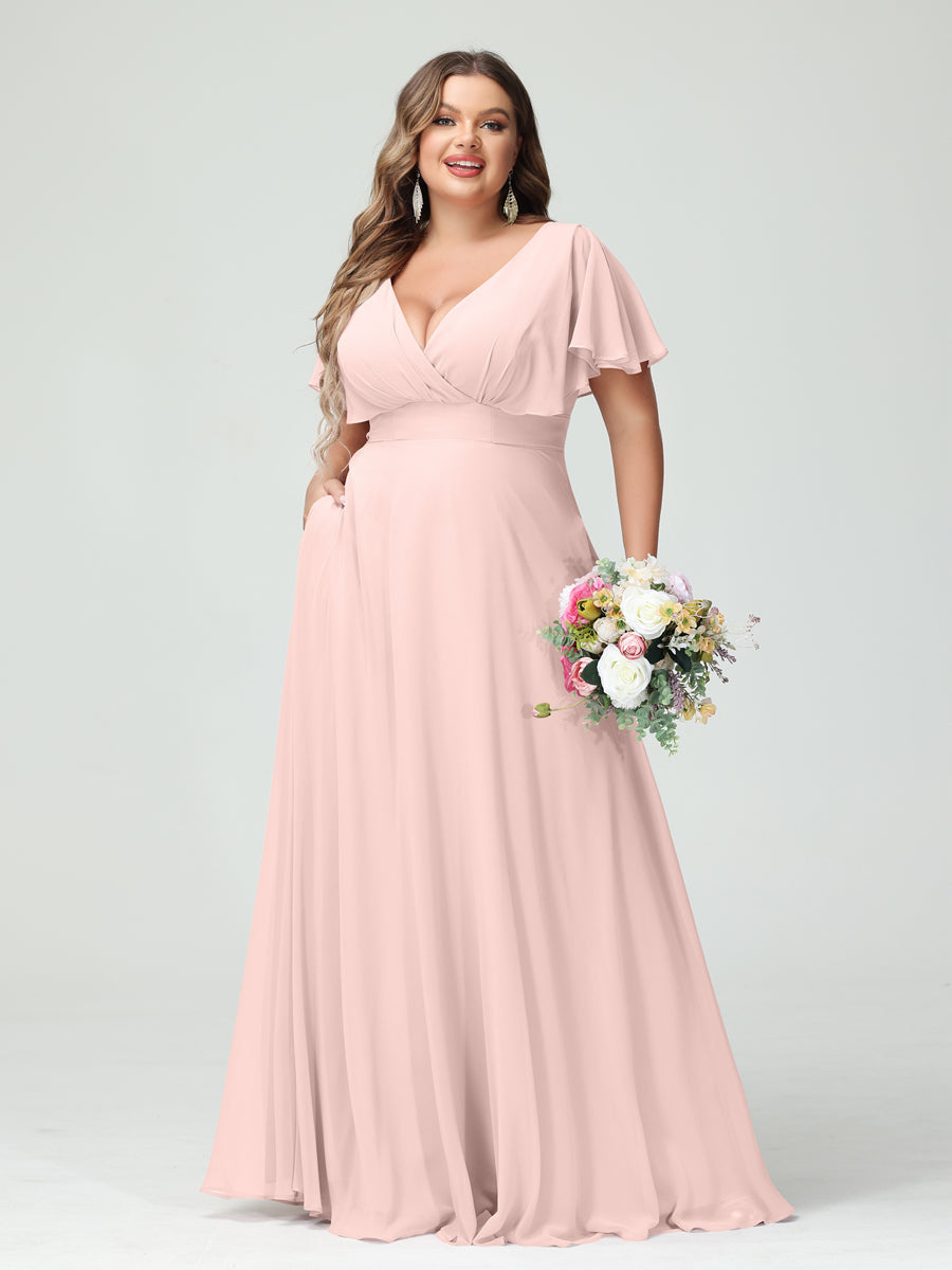 A-Line/Princess V-Neck Short Sleeves Chiffon Plus Size Bridesmaid Dresses with Pockets Light Pink