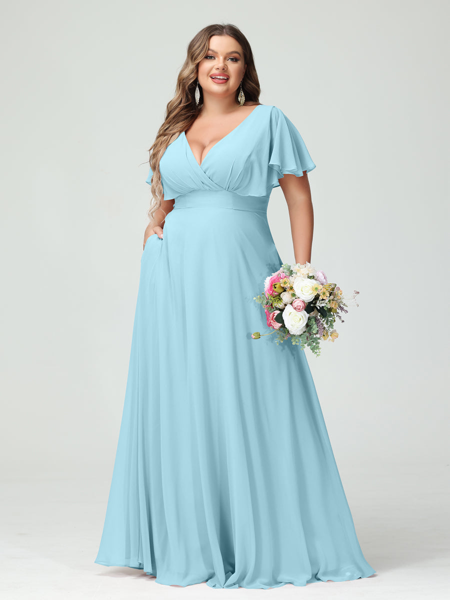 A-Line/Princess V-Neck Short Sleeves Chiffon Plus Size Bridesmaid Dresses with Pockets Light Sky Blue