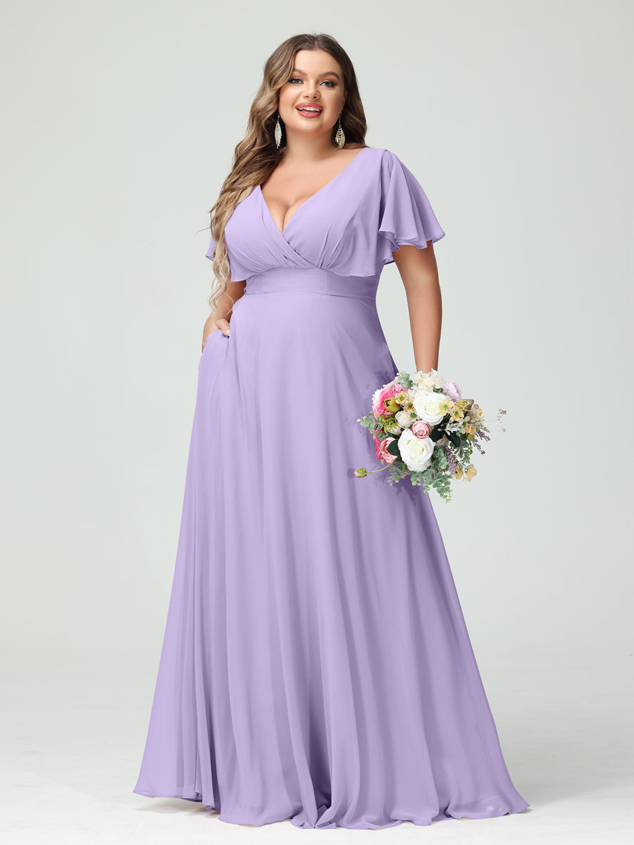 A-Line/Princess V-Neck Short Sleeves Chiffon Plus Size Bridesmaid Dresses with Pockets Lilac